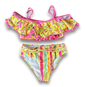 Betsy Johnson Floral and‎ Strip Ruffled Pom-Pom Bikini Set Girls Size 10